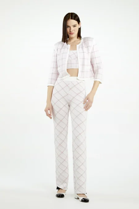 Calça Tricot Grid Ermione Off White-Pink Tulle